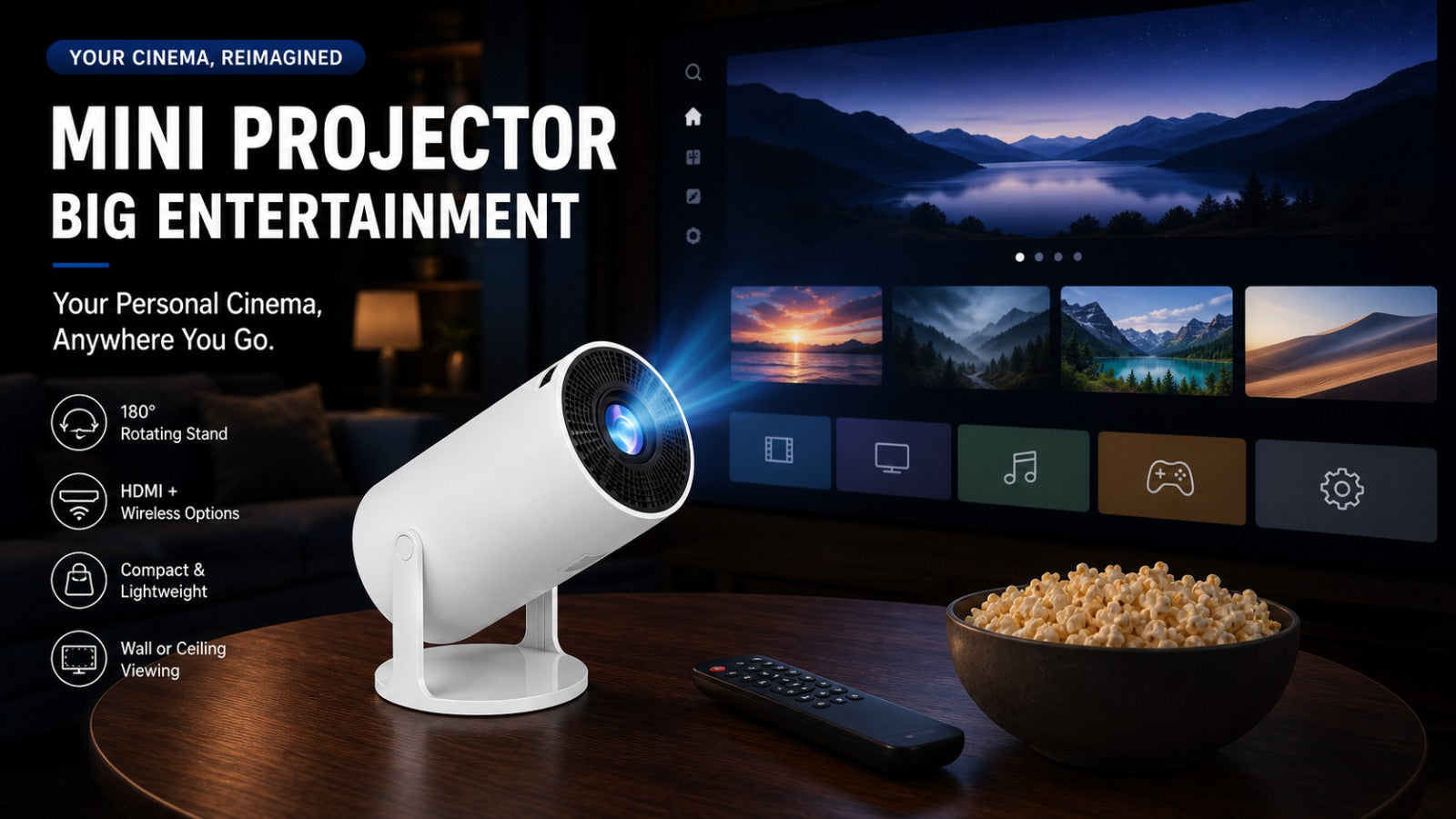 BEAMVADO 180° Rotating Smart Mini Projector – Portable Home Theater with Wireless & HDMI Connectivity