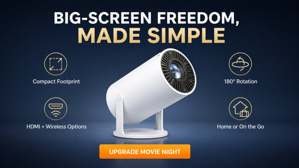 BEAMVADO 180° Rotating Smart Mini Projector – Portable Home Theater with Wireless & HDMI Connectivity